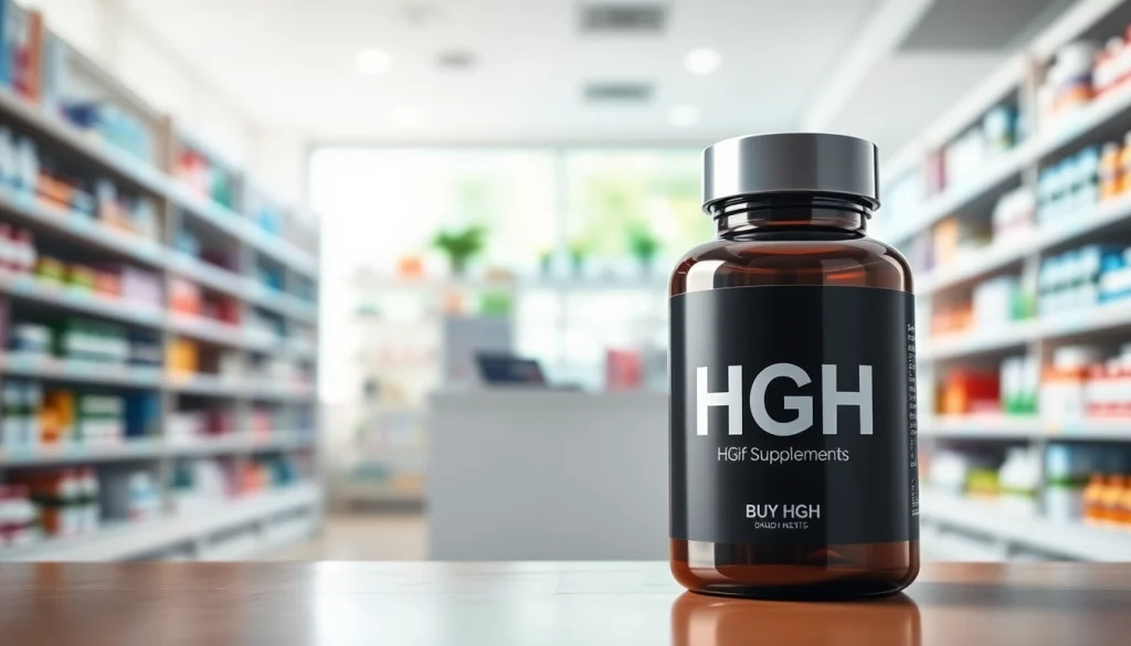 BUY HGH ONLINE with a modern supplement bottle showcased in a bright pharmacy setting.