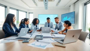 Engaged team at a real estate investor accounting firm in a modern office collaborating on financial strategies.