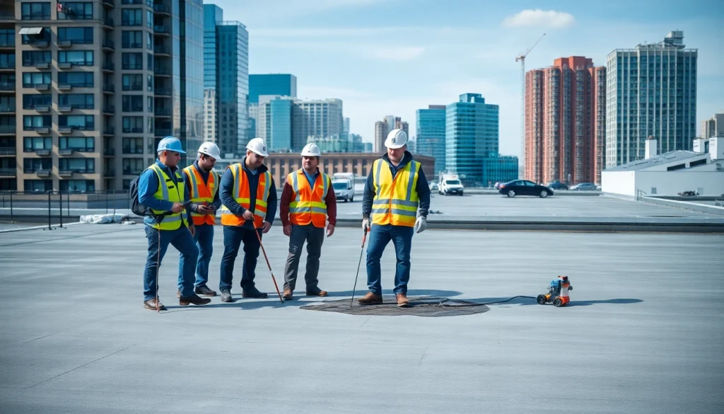 Inspecting commercial roofing services with a team of professionals on a large flat roof.