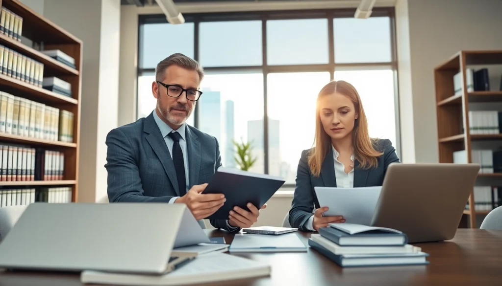 Attorneys at https://www.mainorellis.com discussing case files in a professional office setting.