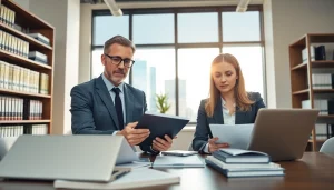 Attorneys at https://www.mainorellis.com discussing case files in a professional office setting.