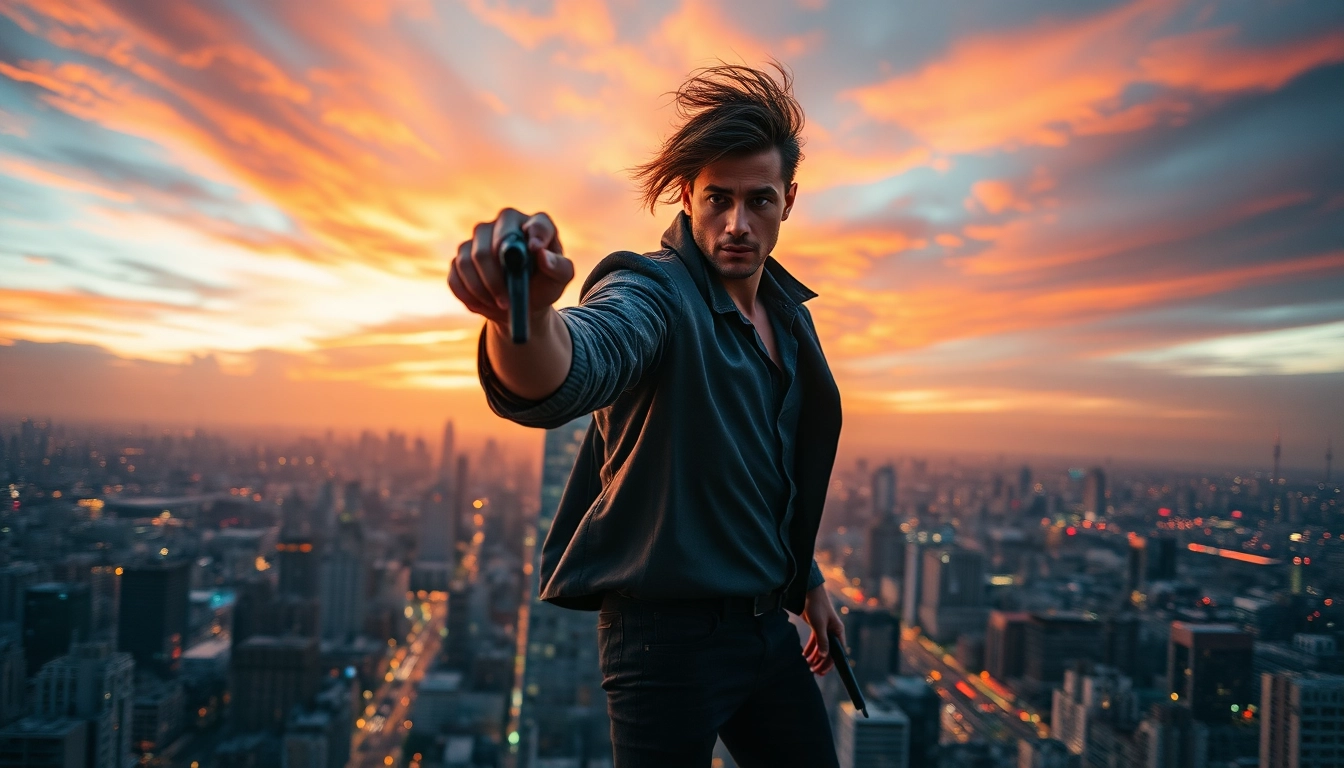 Intense action thriller scene featuring a heroic character overlooking a city at twilight.