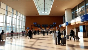 Busy scene at Liverpool Airport showcasing travelers checking in and digital flight displays.