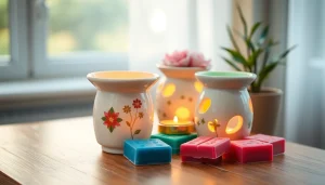 Showcasing a beautifully arranged display of https://www.scentswarmers.com wax warmers and colorful wax melts.