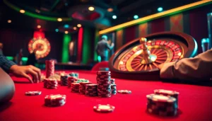 Experience the thrilling atmosphere of Hi88 red casino with players at a lively poker table and a vibrant roulette wheel.