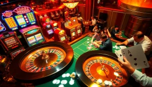 Experience the excitement of gambling at Nhà cái MM88 with players engaged at roulette, poker tables, and more.