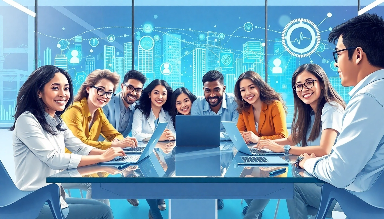 Showcasing Technology collaboration in a modern workspace with engaged team members.