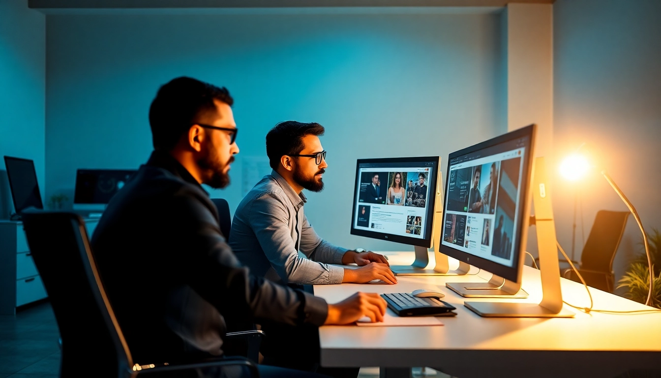 Desenvolvimento de Sites com profissionais criando designs modernos e intuitivos em um ambiente colaborativo.