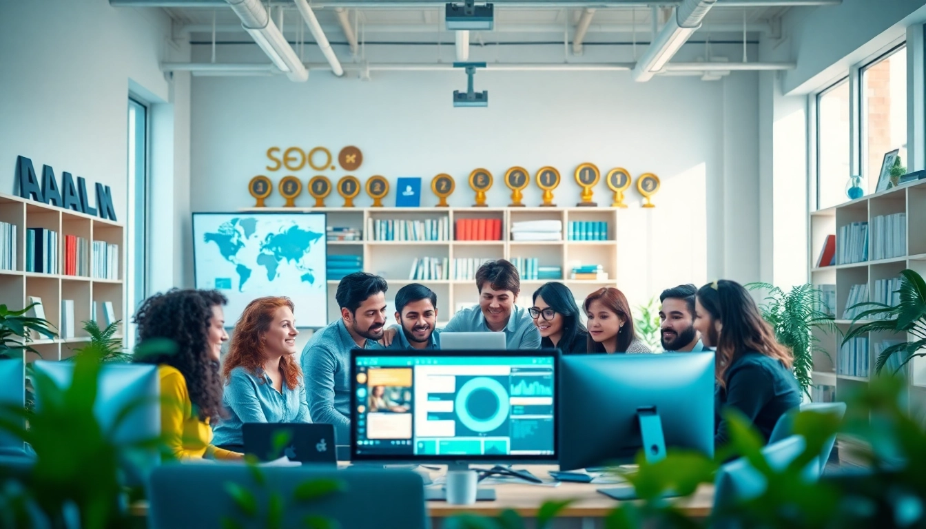 Improve your digital marketing strategy with the seo.my team collaborating in a vibrant office setting.