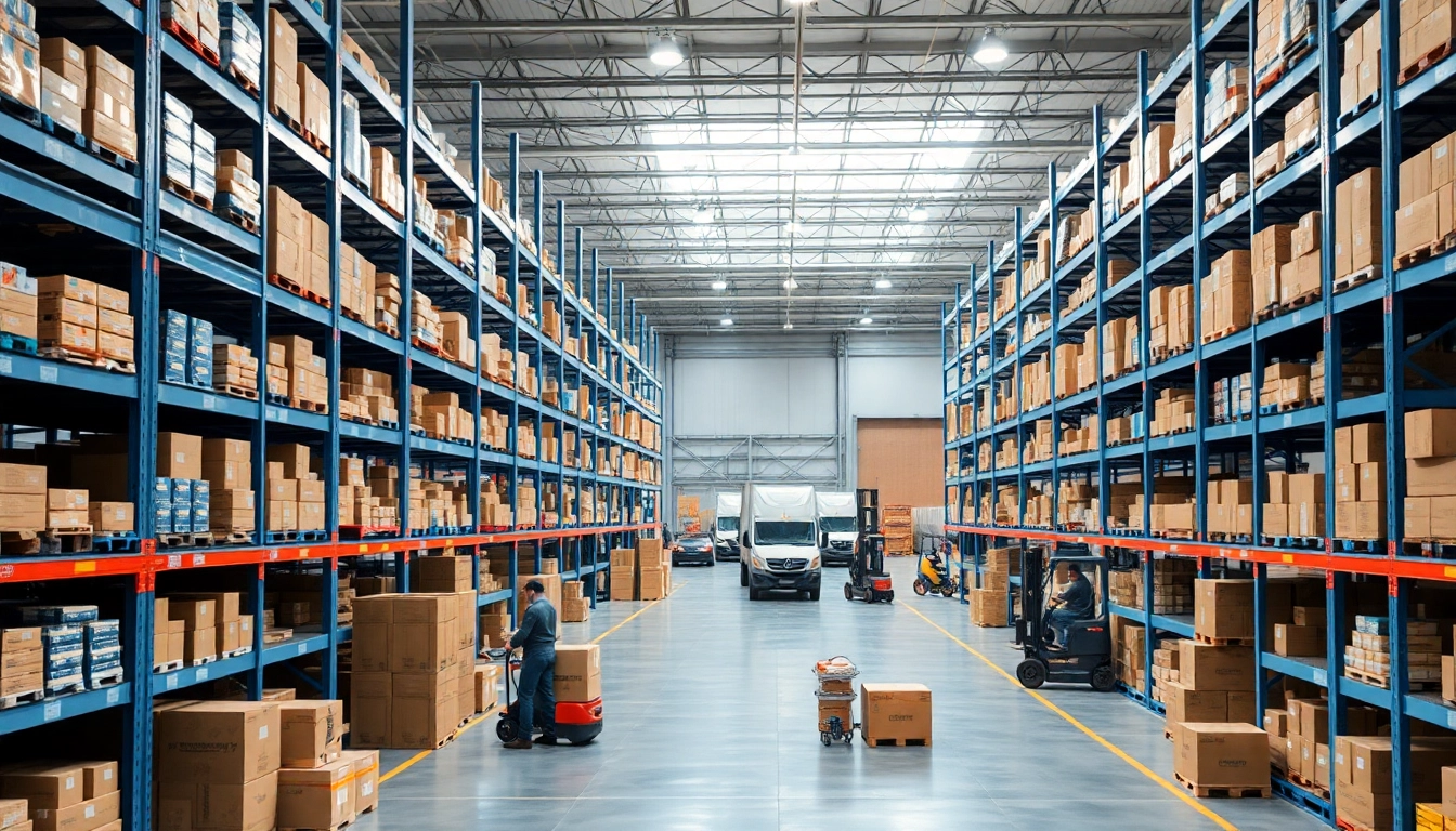 Visual representation of warehousing efficiency, displaying organized shelves and active workers in a bright facility.