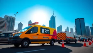 Get professional roadside assistance with https://trtrecoveryuae.com in Dubai, featuring a brightly branded service vehicle.