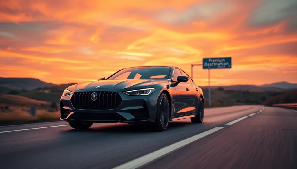 Luxury auto transport vehicle on highway at sunset, showcasing https://luxuryautocarriers.com elegance and design.