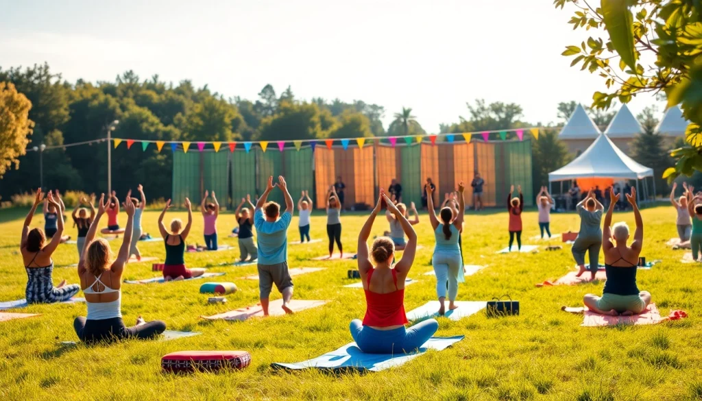 Participants enjoying yoga festival activities in a serene meadow setting.