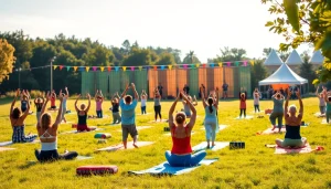 Participants enjoying yoga festival activities in a serene meadow setting.