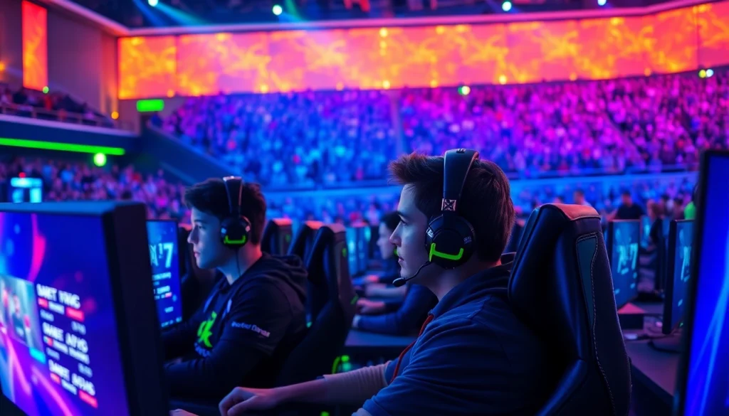 Gamers immersed in competition at https://gamelevate.com in an energized esports arena.