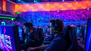 Gamers immersed in competition at https://gamelevate.com in an energized esports arena.