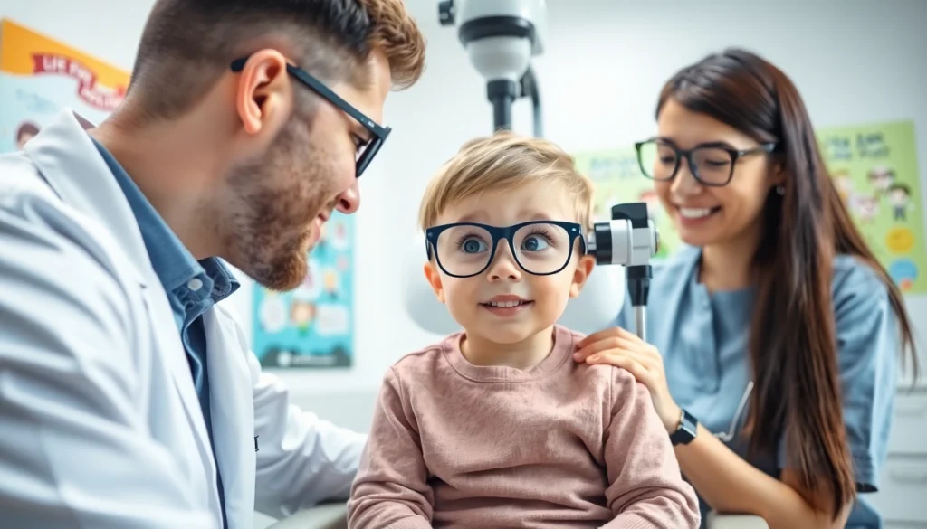 Promoting Our Children's Vision with healthcare professionals examining a child's eyes for eye health.