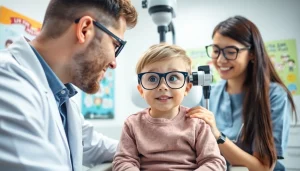 Promoting Our Children's Vision with healthcare professionals examining a child's eyes for eye health.