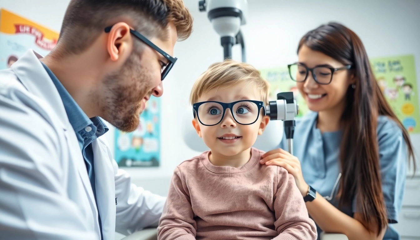 Promoting Our Children's Vision with healthcare professionals examining a child's eyes for eye health.