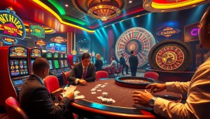 Exciting casino gameplay atmosphere at https://okfun.center/, capturing poker, slots, and roulette in action.