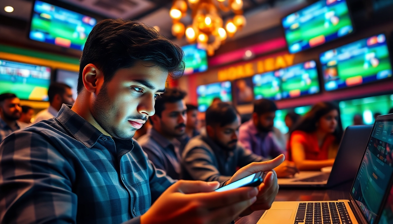 Engaged bettors enjoying sports betting in India, analyzing odds on mobile devices in a vibrant setting.