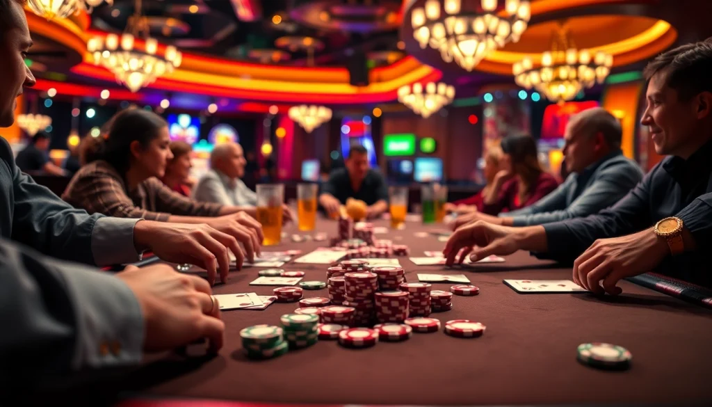 Masuki dunia domino88 login poker game yang menegangkan dengan pemain di meja poker yang ceria.