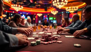 Masuki dunia domino88 login poker game yang menegangkan dengan pemain di meja poker yang ceria.