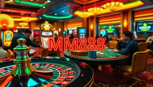 MM88 neon sign illuminating players at a poker table in a vibrant casino.