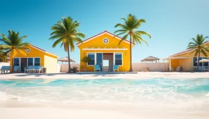 Coastal cabana nestled on the beach, showcasing palm trees and vibrant architecture under sunny skies.