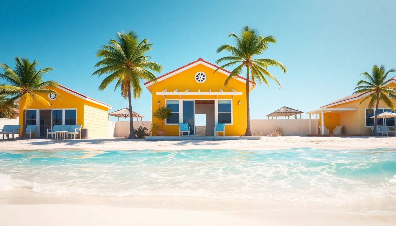 Coastal cabana nestled on the beach, showcasing palm trees and vibrant architecture under sunny skies.