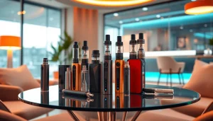 Vape Geräte auf einem eleganten Tisch in einem modernen Lounge-Ambiente präsentieren