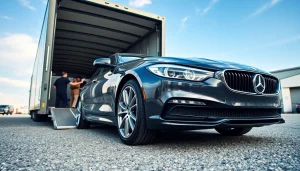 Loading a luxury vehicle for car transport with expert care in a professional yard.