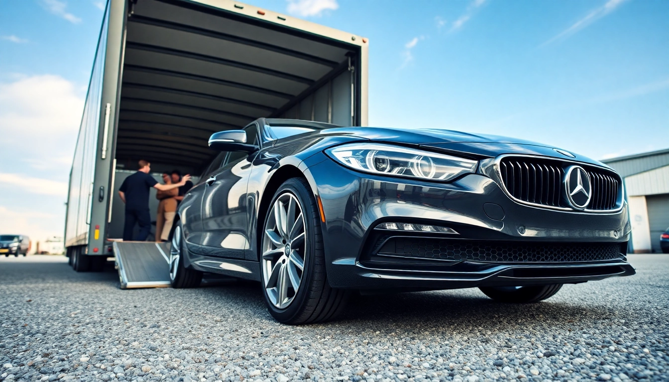 Loading a luxury vehicle for car transport with expert care in a professional yard.