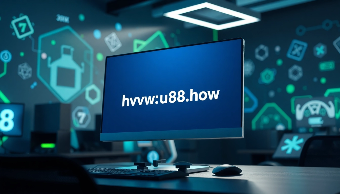 Access the platform https://uu88.how/ showcasing a vibrant digital gaming interface in a modern workspace.