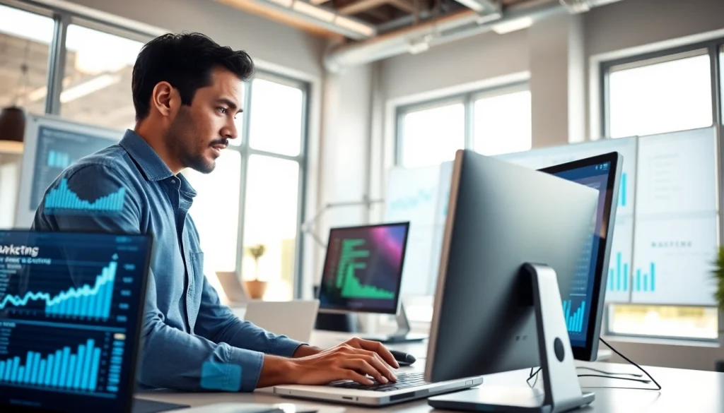 Analyze New88 data trends with a digital marketing expert in a modern office.