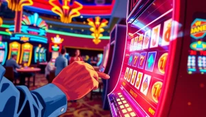 Permainan virus4d slot yang menarik dengan pemain bersemangat di kasino yang cerah.