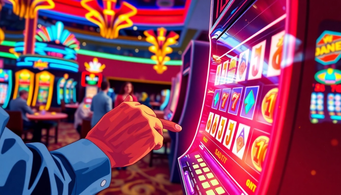 Permainan virus4d slot yang menarik dengan pemain bersemangat di kasino yang cerah.
