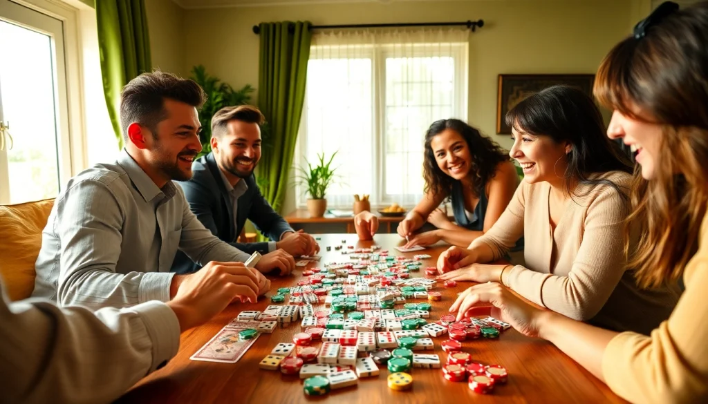 Permainan domino88 login poker game yang seru di meja, dihadiri oleh teman-teman yang penuh semangat.