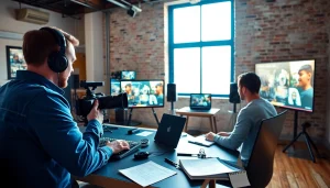Create training videos with a professional videographer editing in a bright studio.