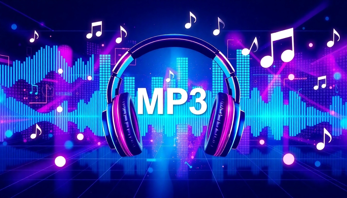 Download MP3 files easily with this engaging image showing sound waves and headphones.