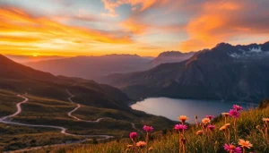 Experience breathtaking scenery with https://travelvixta.com showcasing a vibrant mountain sunset.