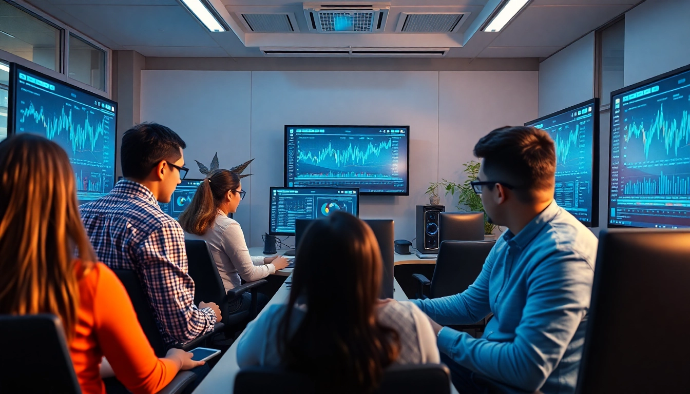 Cloud mining professionals collaborating in a modern office with cryptocurrency mining software.