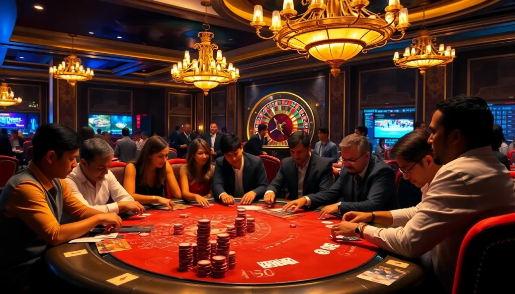 C168 Casino players engaged in a high-stakes poker game, showcasing tension and excitement in a vibrant atmosphere.