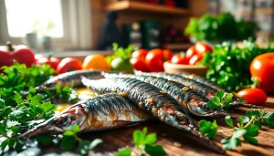 Saborea las sardianas premium con frescas hierbas y vegetales vibrantes.