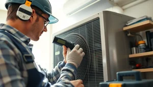 Service expert at https://nobleheatingairservices.com inspecting a modern HVAC unit for maintenance.
