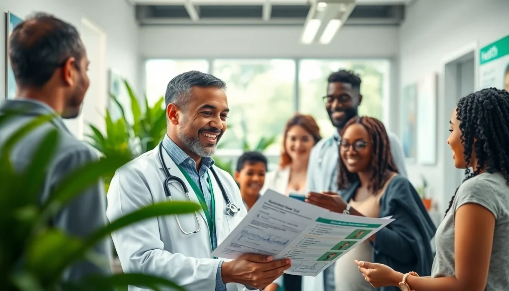 Health-focused interaction between a doctor and patients in a welcoming clinic setting.