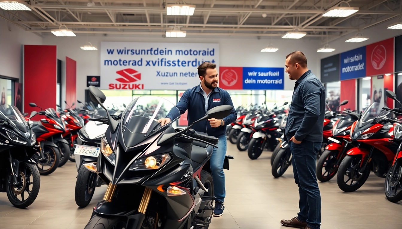 Interessierte Kunden und Verkaufsberater teilen wir kaufen dein motorrad erfahrungen in einem stilvollen Motorradgeschäft.