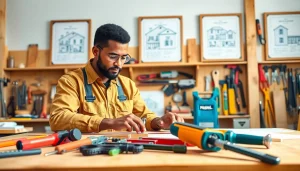 Remodeling Contractor measuring materials in a bright workshop, showcasing tools and blueprints.