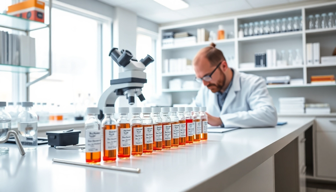 Research peptides analysis in a professional laboratory with vials and scientific tools.