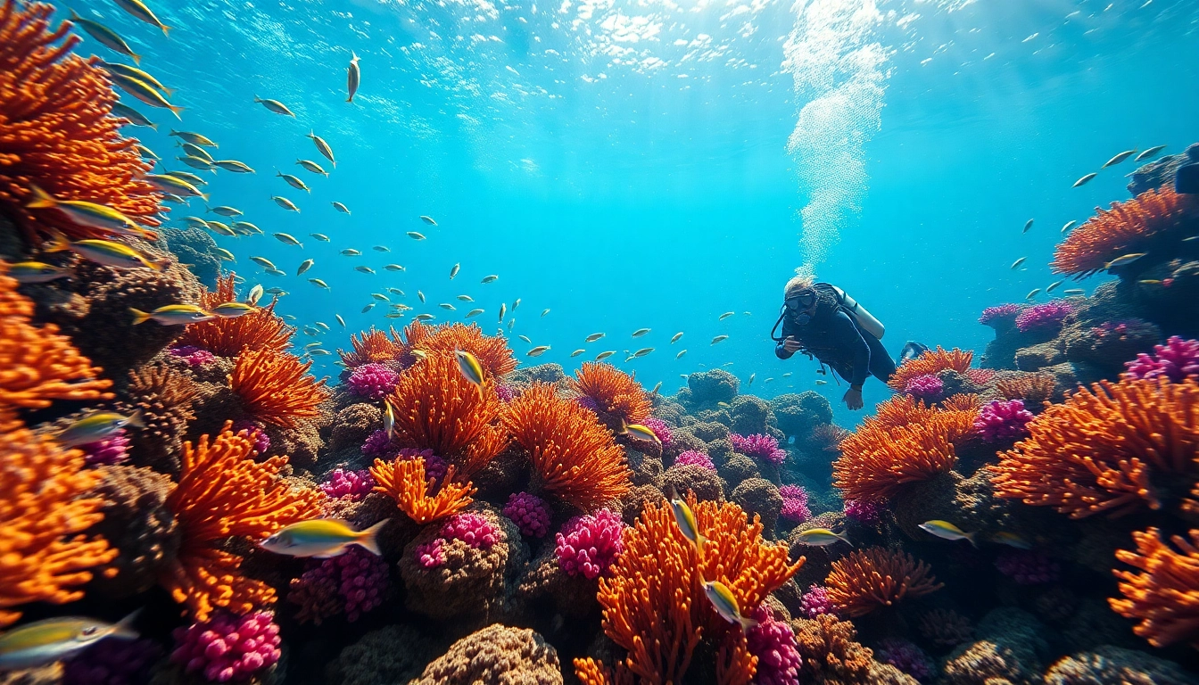 Capture stunning underwater scenery with a diver at https://marvinscubaexpeditions.com interacting with vibrant coral reefs.